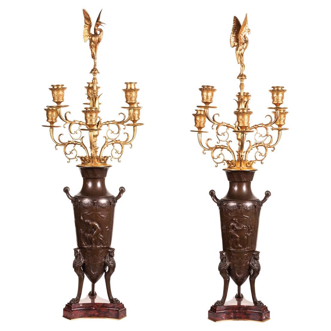 Fine Pair of French Barbedienne Gilt & Patinated Bronze Candelabra