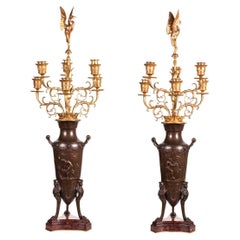 Fine Pair of French Barbedienne Gilt & Patinated Bronze Candelabra