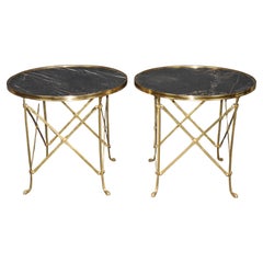 Fine Pair of French Brass and Marble Gueridons End Tables Circa 1960