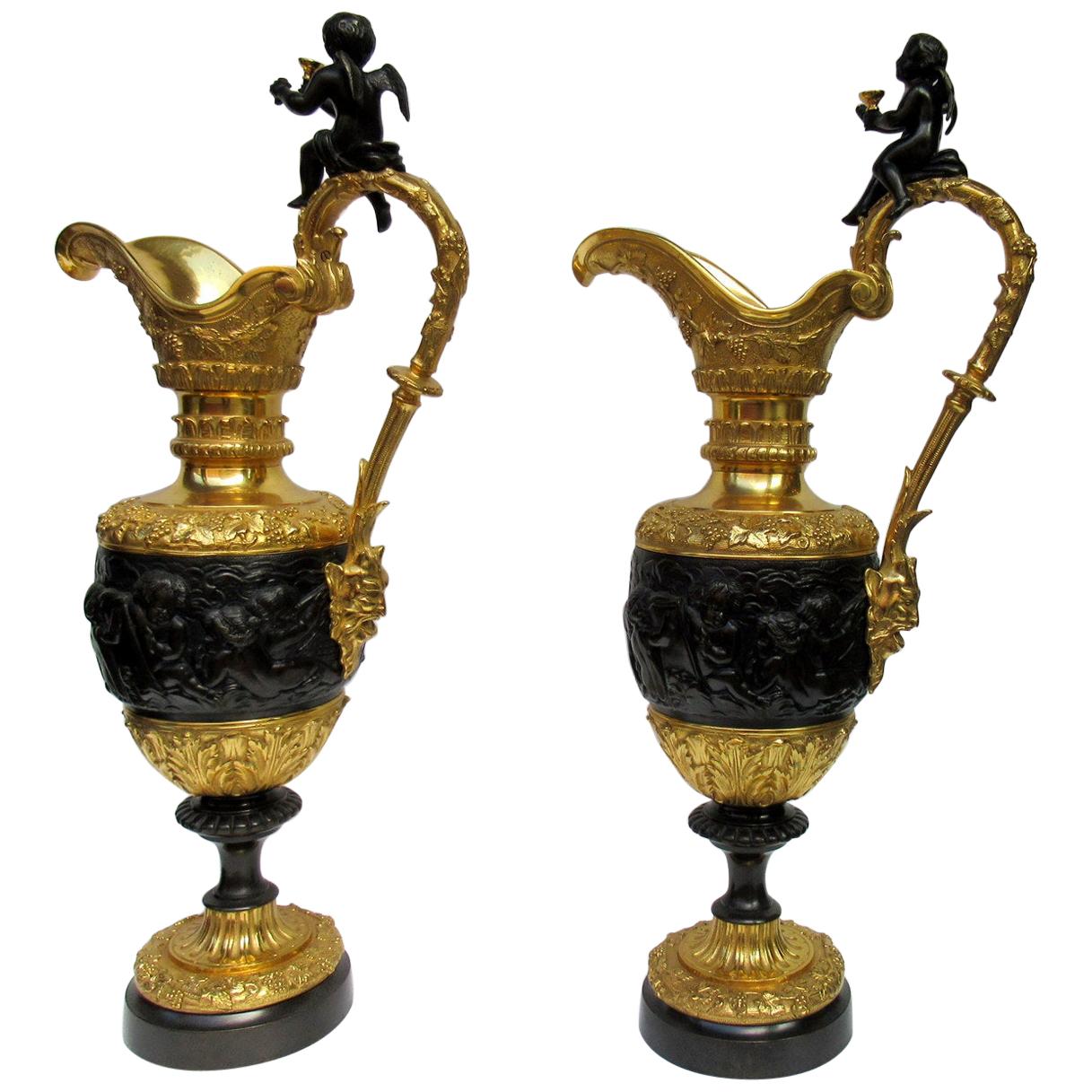 Fine Pair of French Bronze Ormolu Ewers Manner of Claude Michel Clodion