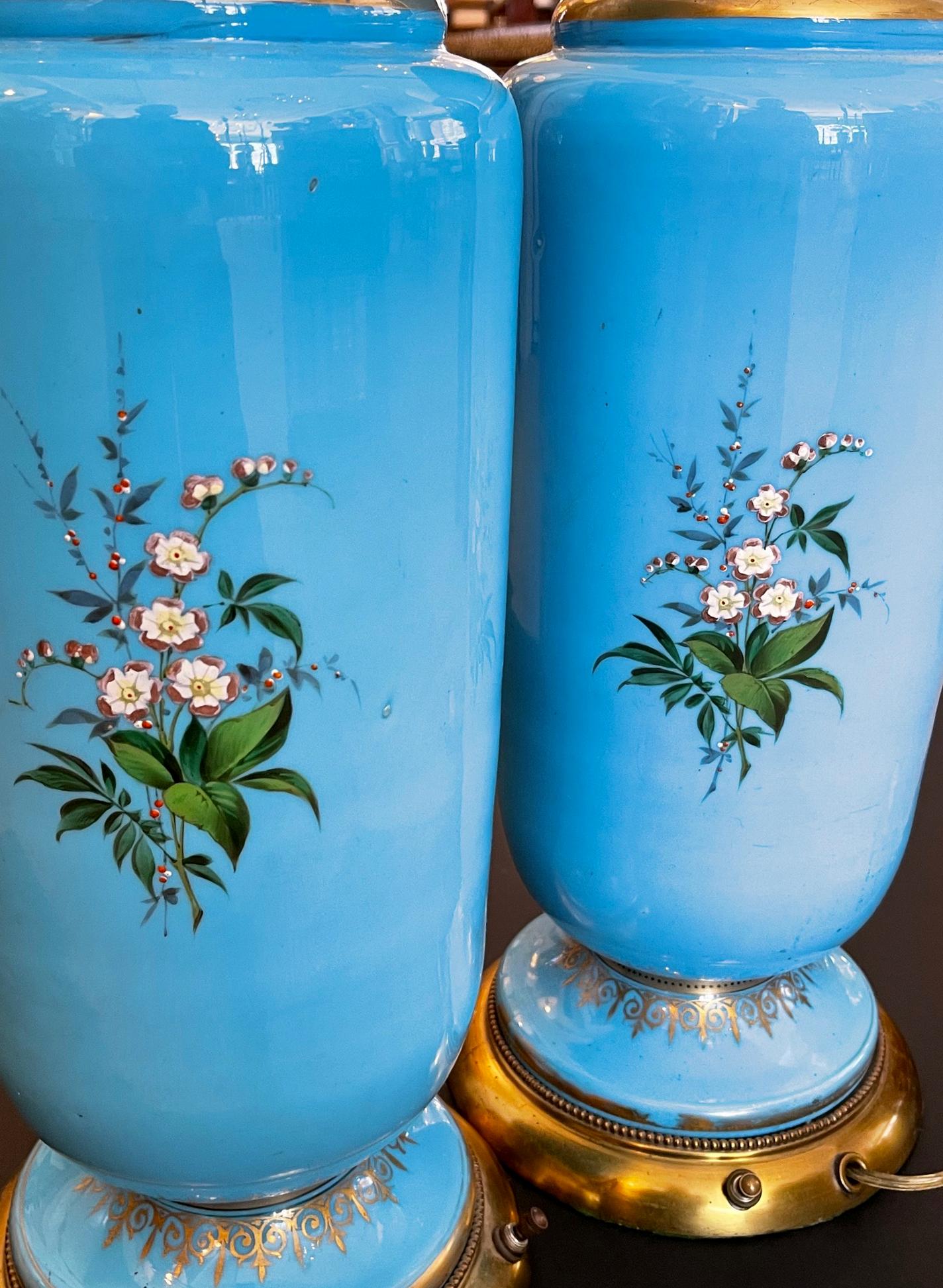 Louis Philippe Fine Pair of French Cerulean Blue Opaline Lamps with Polychromed Decoration For Sale