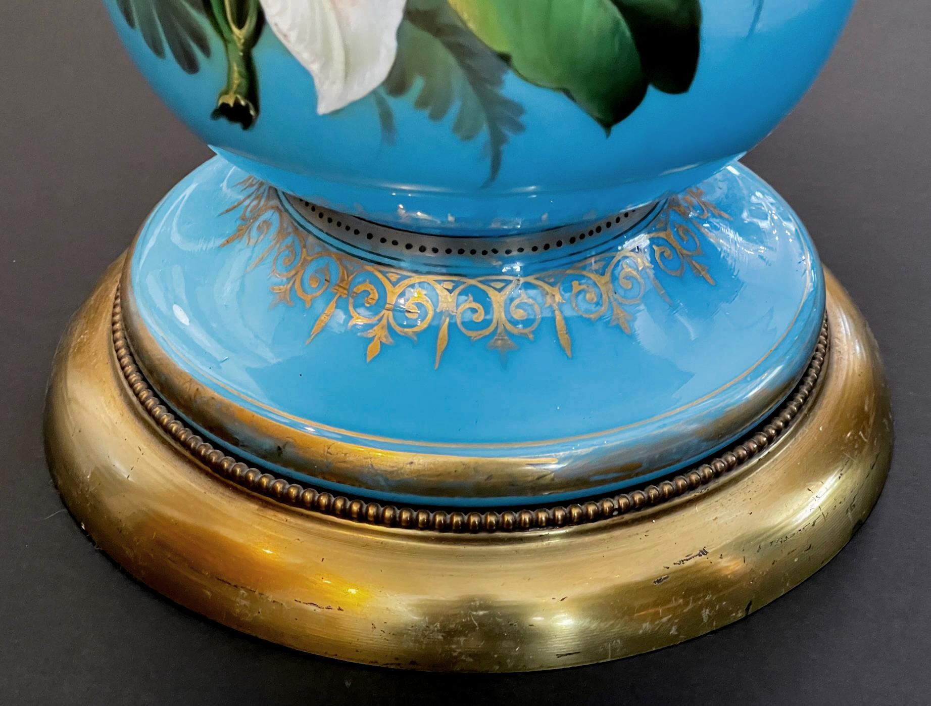 19th Century Fine Pair of French Cerulean Blue Opaline Lamps with Polychromed Decoration For Sale