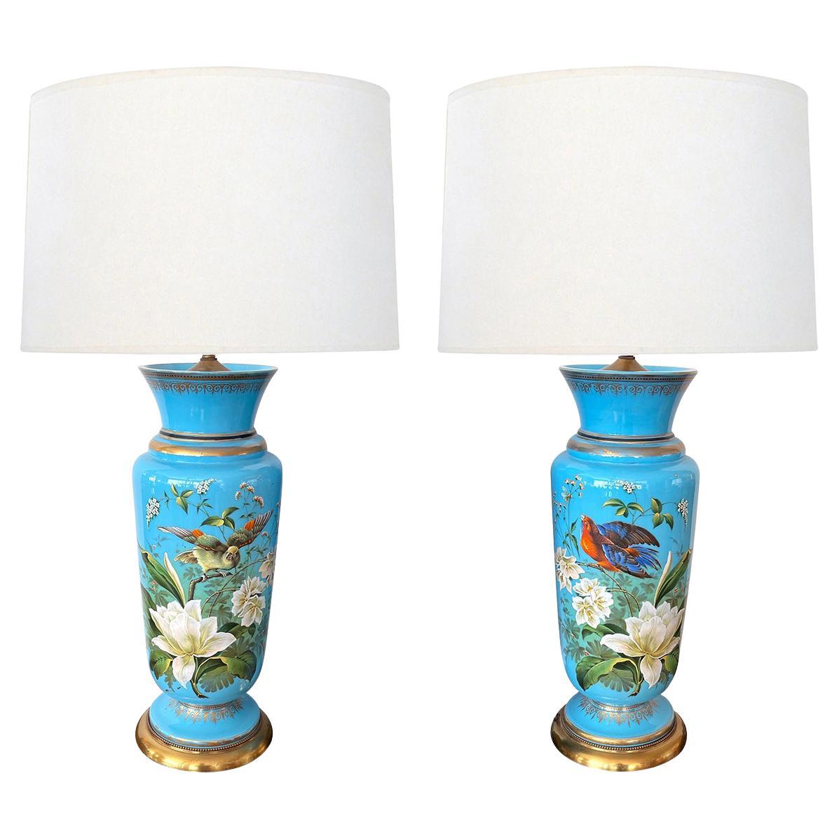 Fine Pair of French Cerulean Blue Opaline Lamps with Polychromed Decoration For Sale