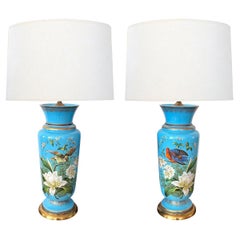 Fine Pair of French Cerulean Blue Opaline Lamps with Polychromed Decoration