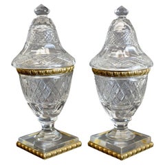 Antique Fine Pair of French Cut Crystal & Gilt Bronze Vanity Jars, circa 1900