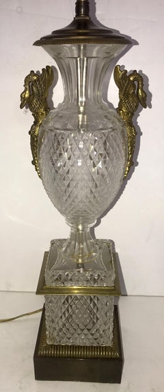 Fine Pair of French Diamond Cut-Crystal Urn Bronze Swan Ormolu Handles Lamps