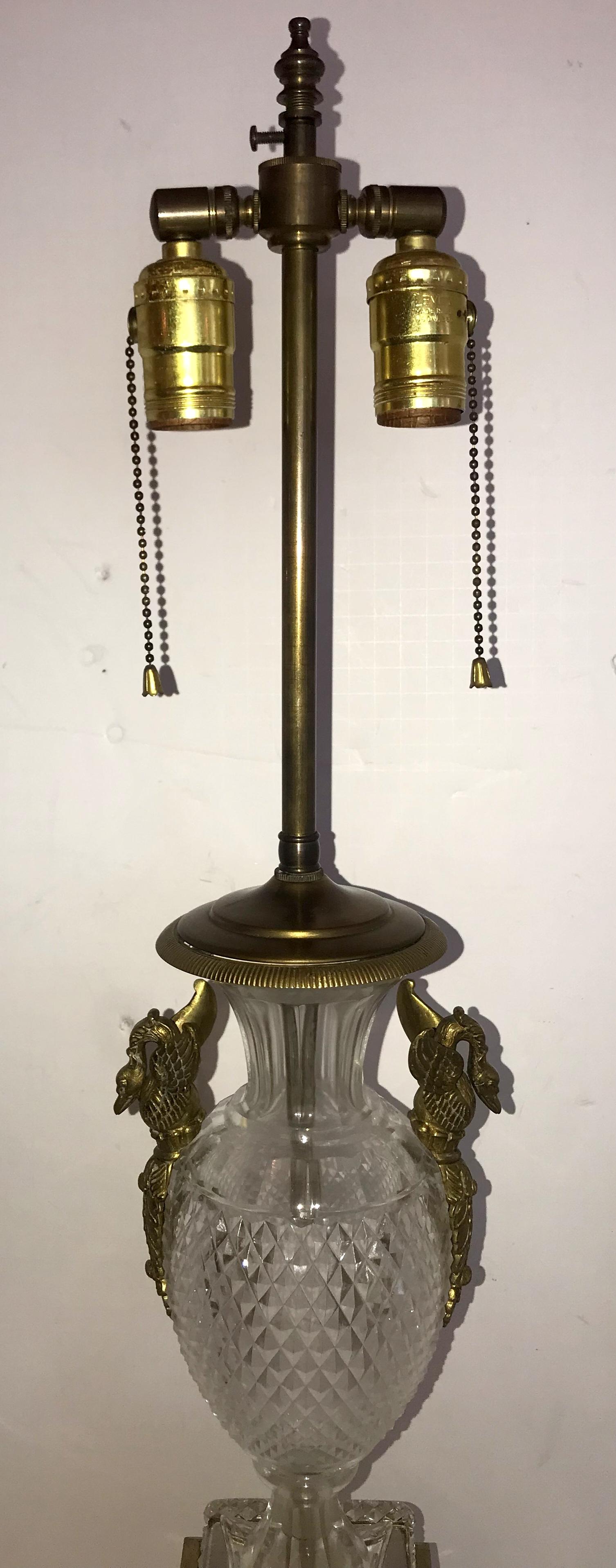 Neoclassical Fine Pair of French Diamond Cut-Crystal Urn Bronze Swan Ormolu Handles Lamps