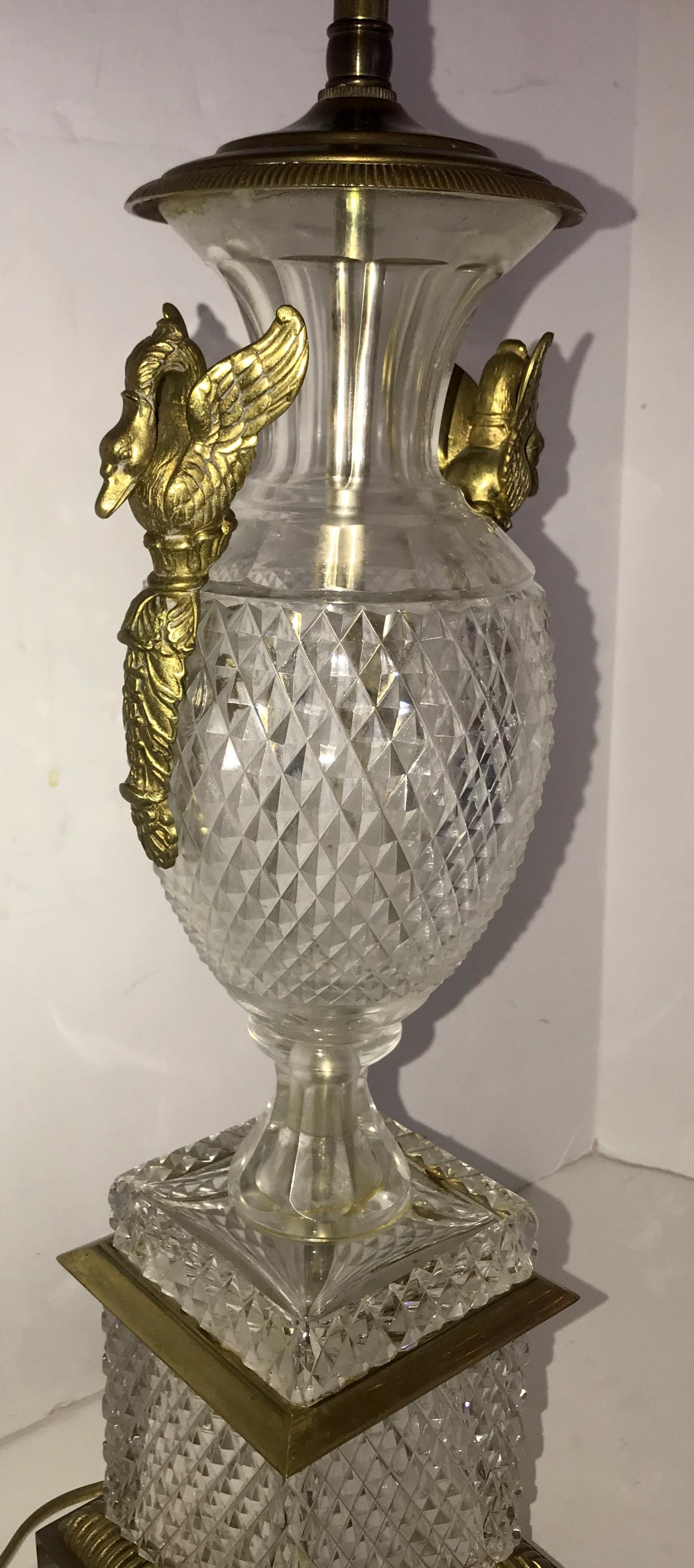 Fine Pair of French Diamond Cut-Crystal Urn Bronze Swan Ormolu Handles Lamps In Good Condition In Roslyn, NY