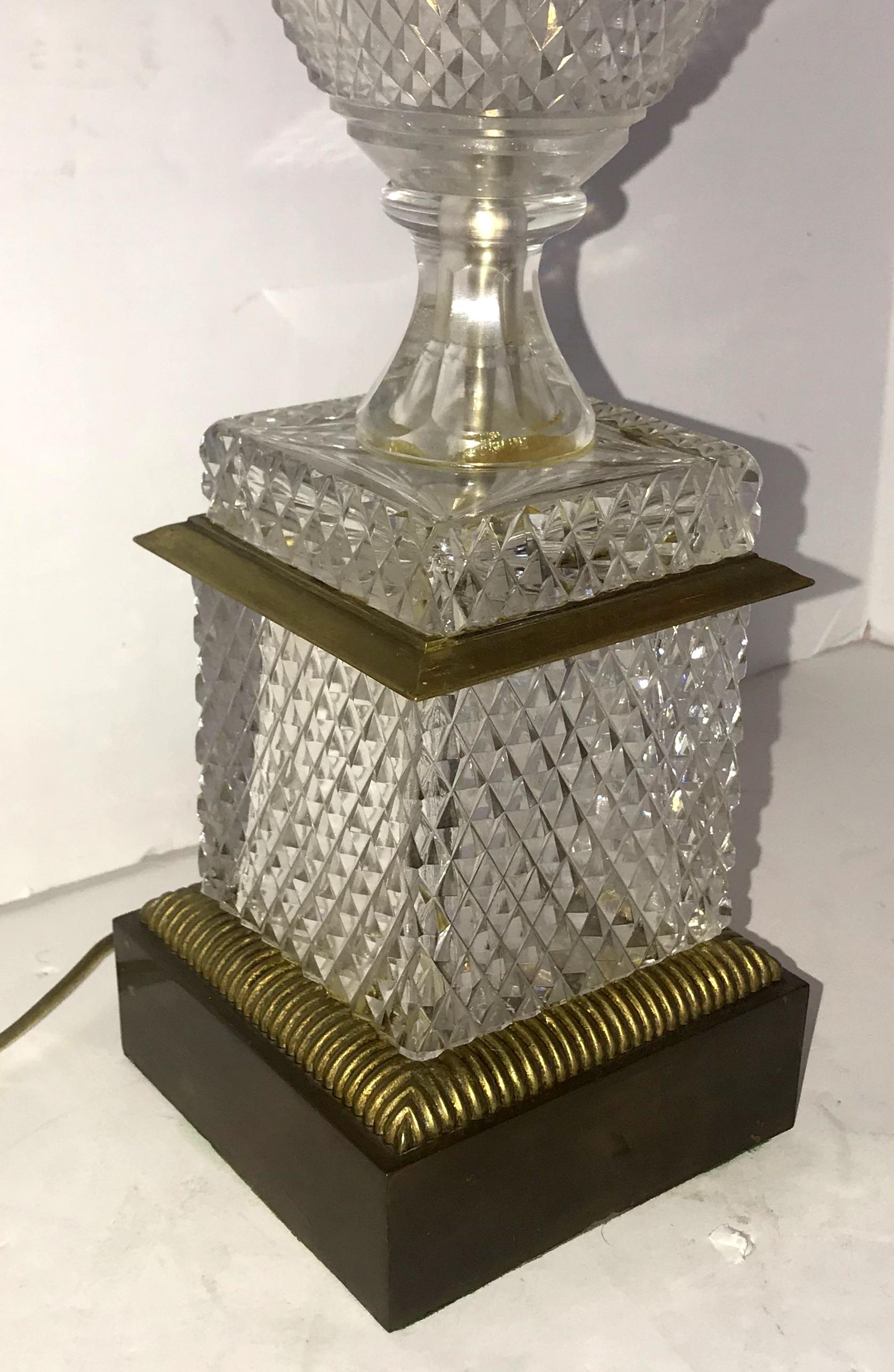 20th Century Fine Pair of French Diamond Cut-Crystal Urn Bronze Swan Ormolu Handles Lamps