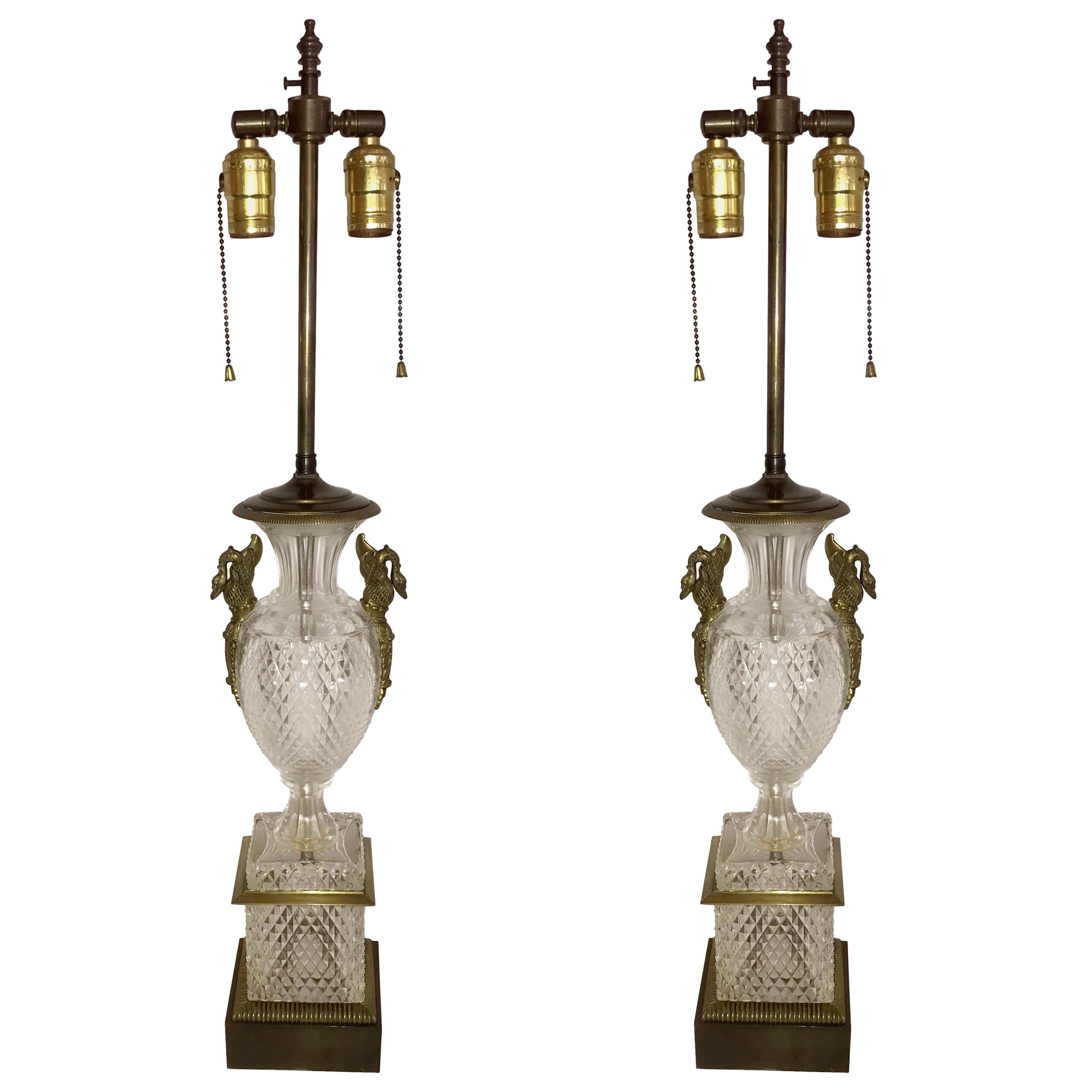 Fine Pair of French Diamond Cut-Crystal Urn Bronze Swan Ormolu Handles Lamps