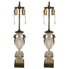 Fine Pair of French Diamond Cut-Crystal Urn Bronze Swan Ormolu Handles Lamps