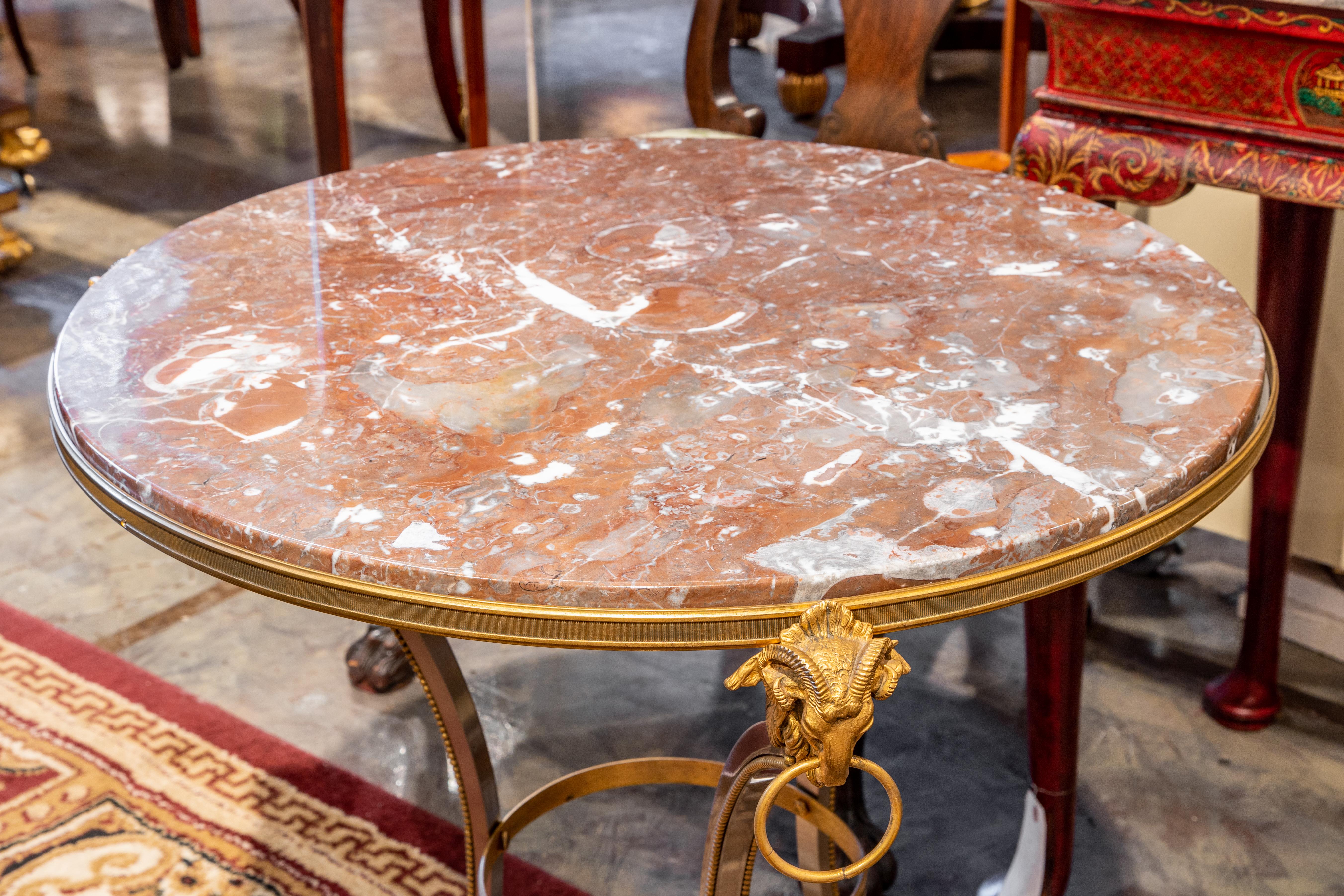 Gilt Fine Pair of French Early 20th C Louis XVI Marble Top and Steel Gueridon Tables
