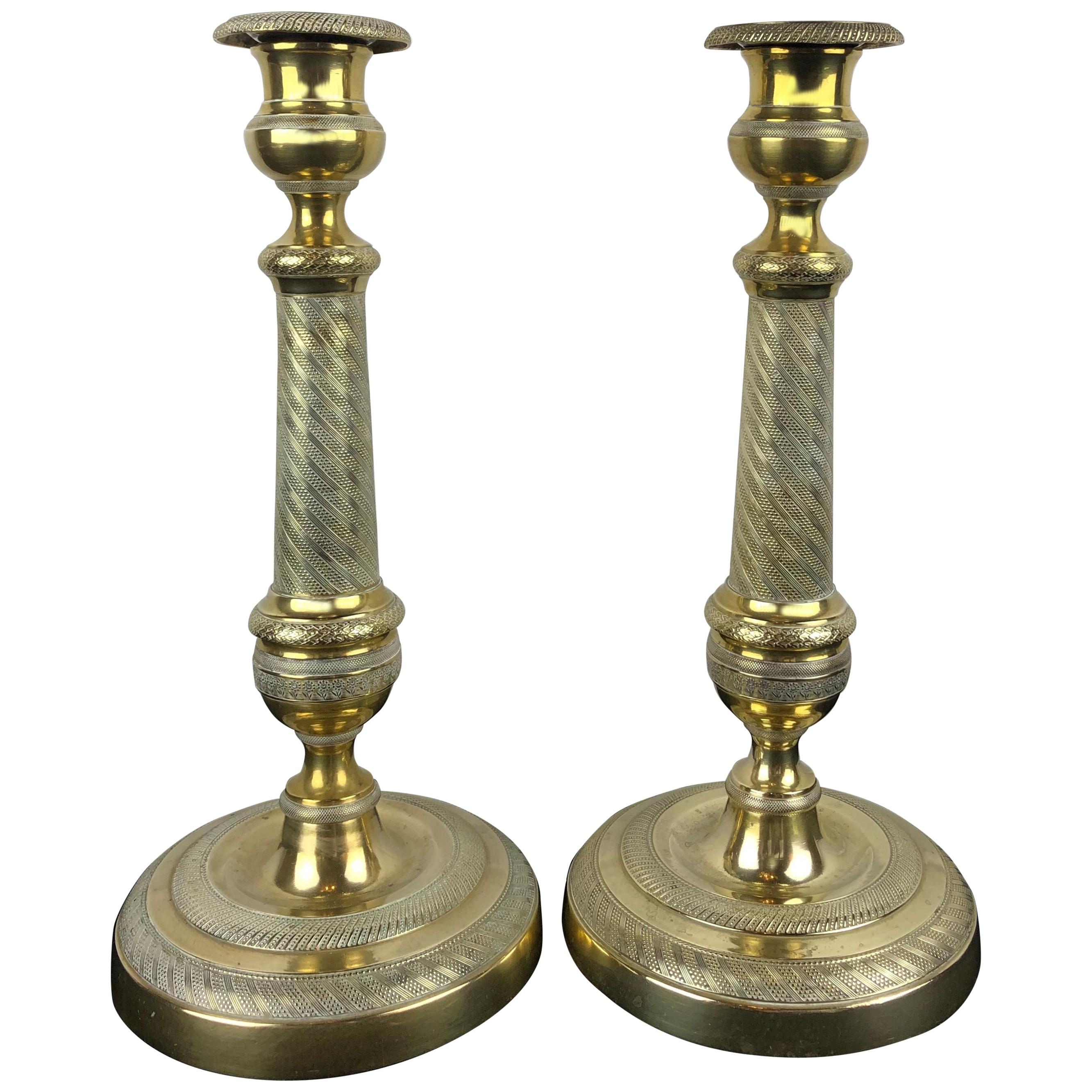 Fine Pair of Early 19th Century Empire Gilt Bronze Candlesticks