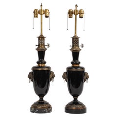 Fine Pair of French Empire Style Black Porcelain & Bronze Mounted Table Lamps