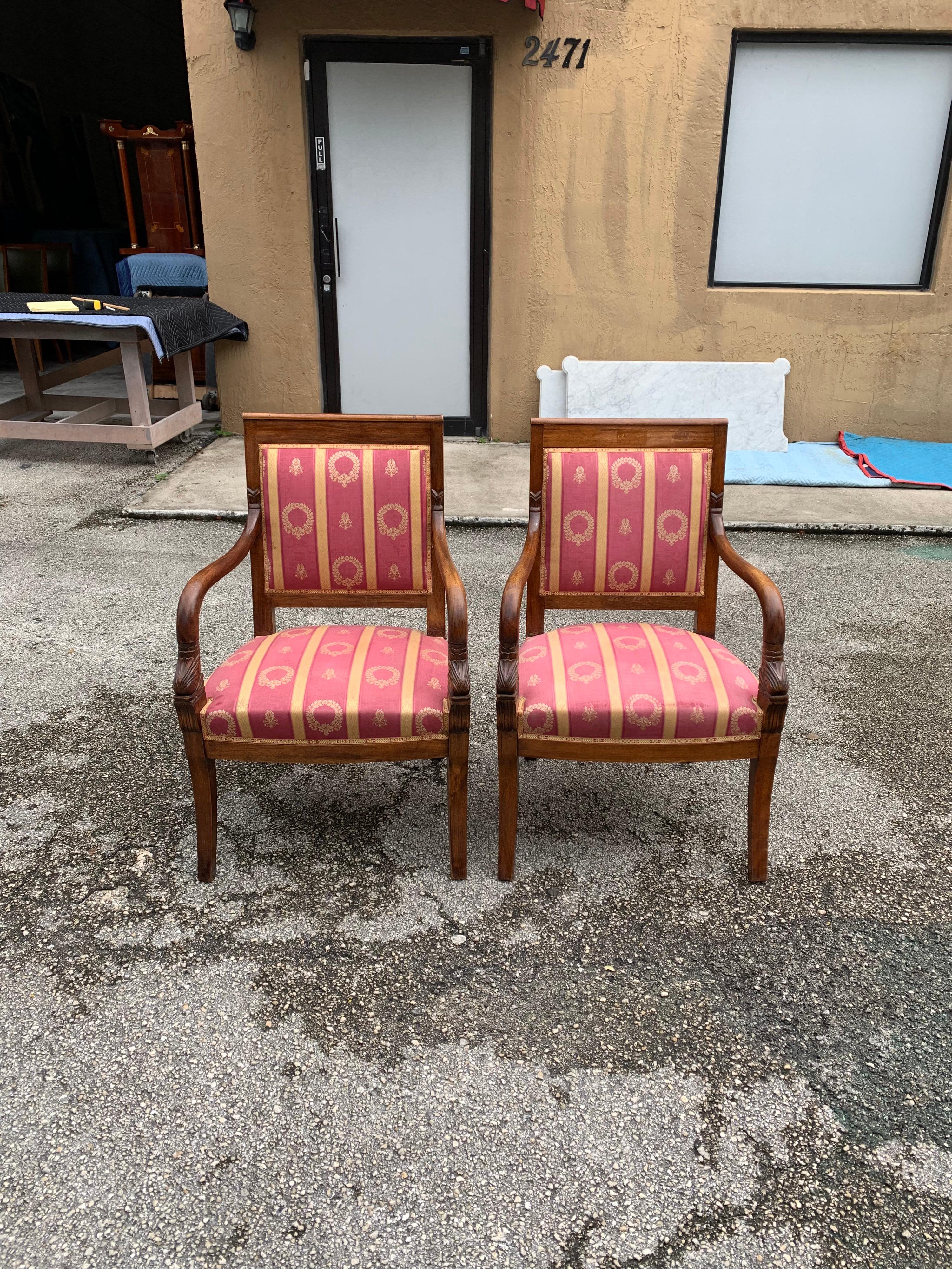 Fine Pair of French Empire Style Solid Mahogany Accent Chairs, 1900s 5