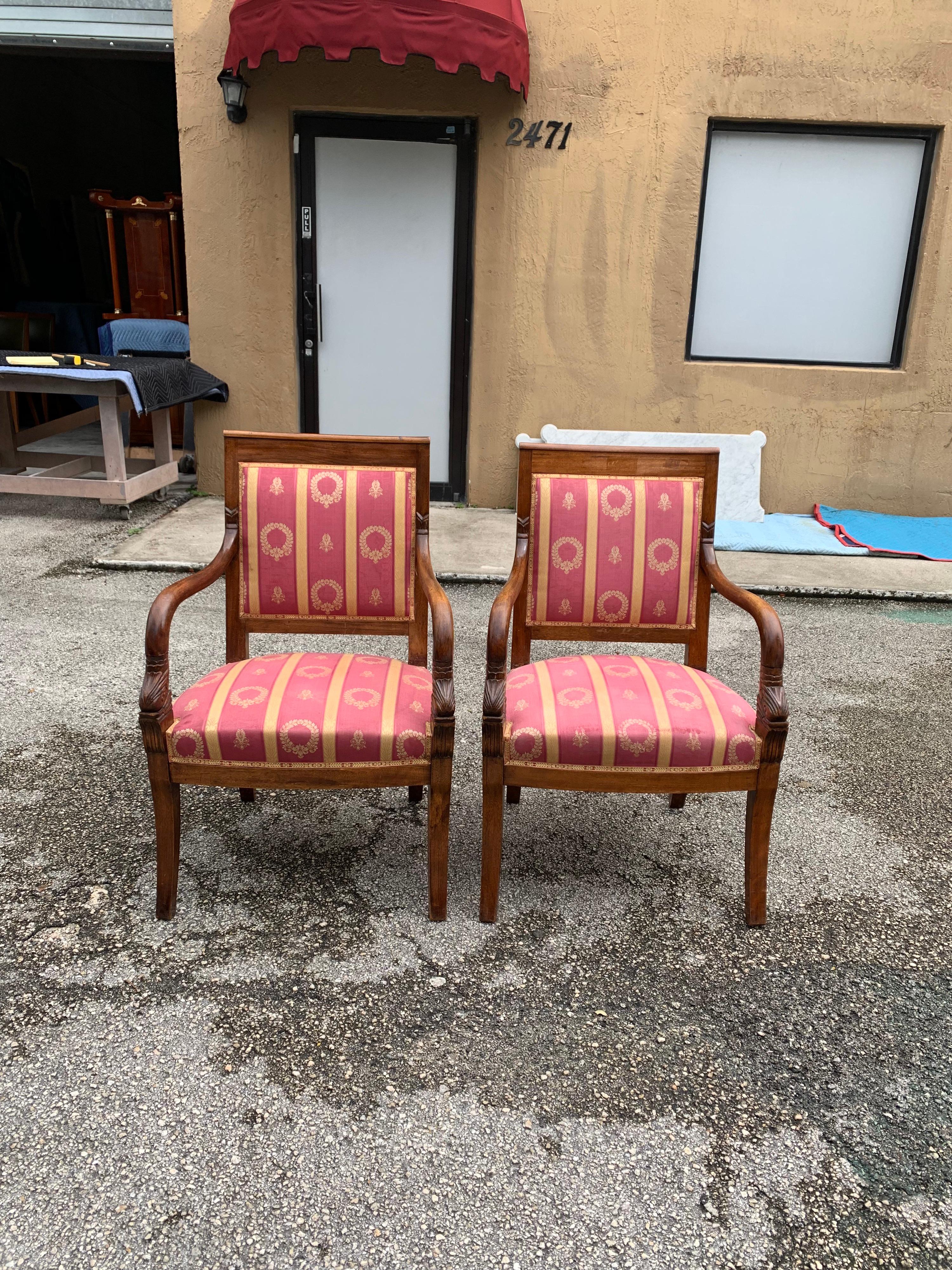 Fine Pair of French Empire Style Solid Mahogany Accent Chairs, 1900s 8