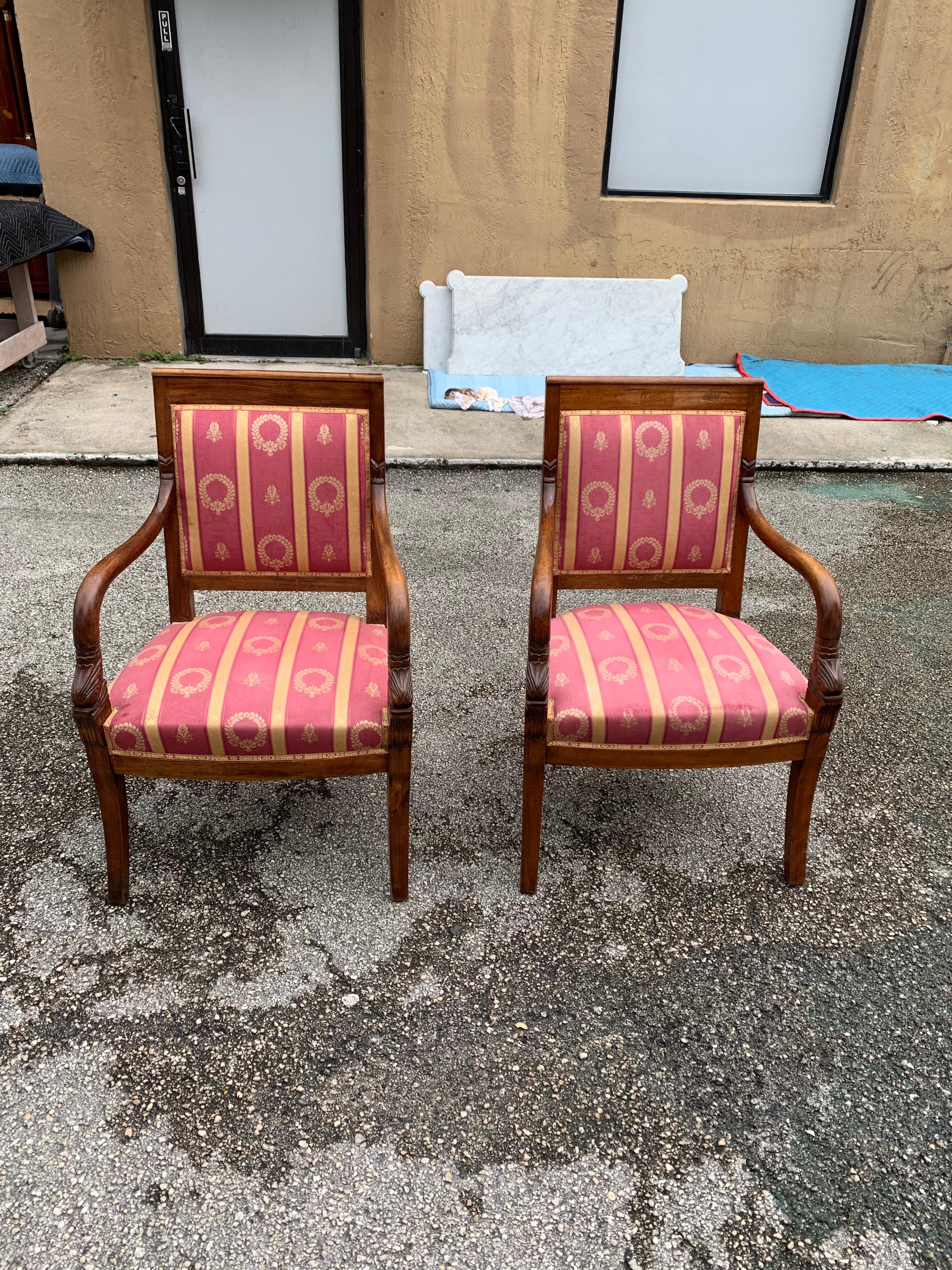Fine Pair of French Empire Style Solid Mahogany Accent Chairs, 1900s In Good Condition In Hialeah, FL