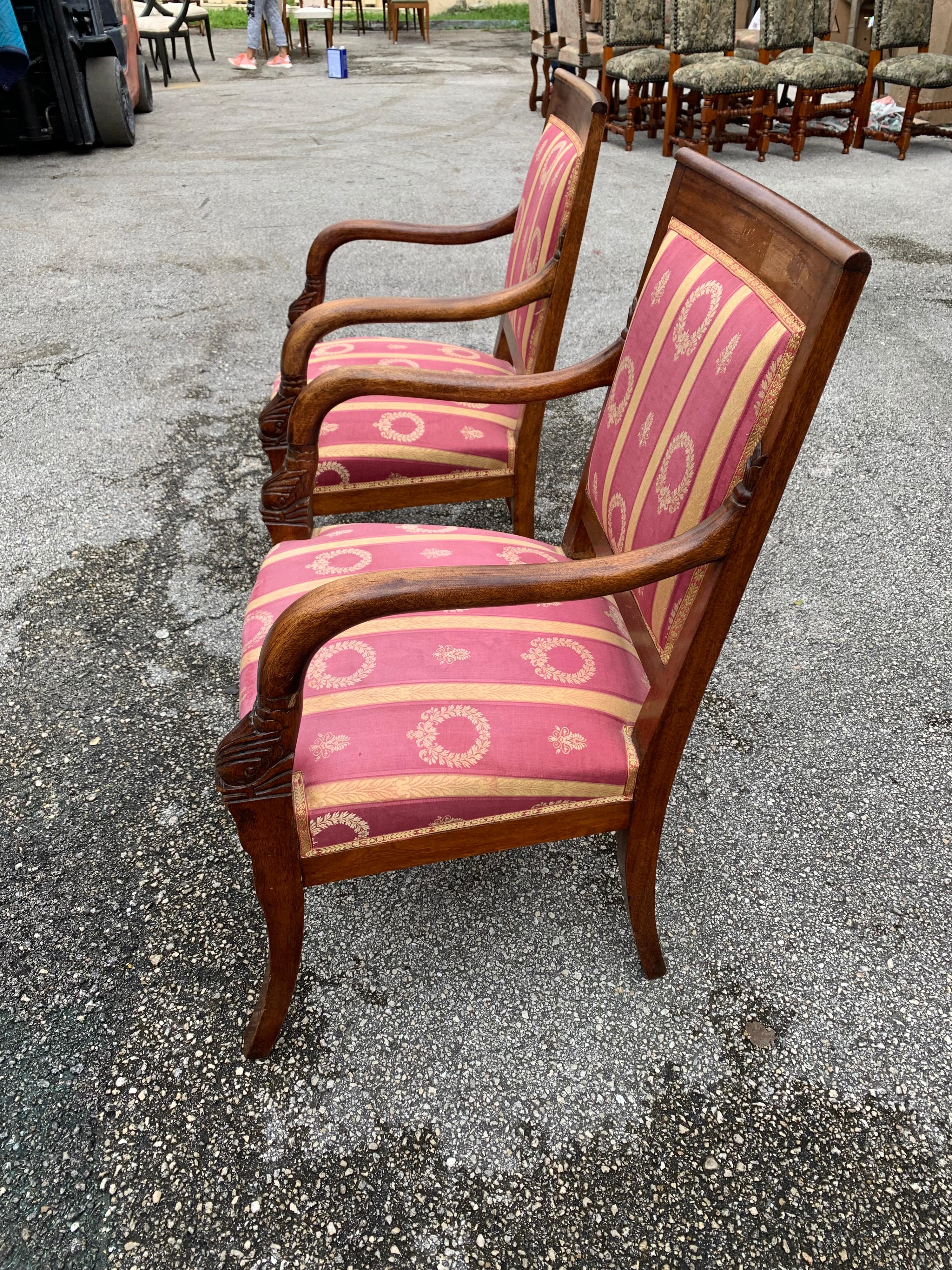 Early 20th Century Fine Pair of French Empire Style Solid Mahogany Accent Chairs, 1900s