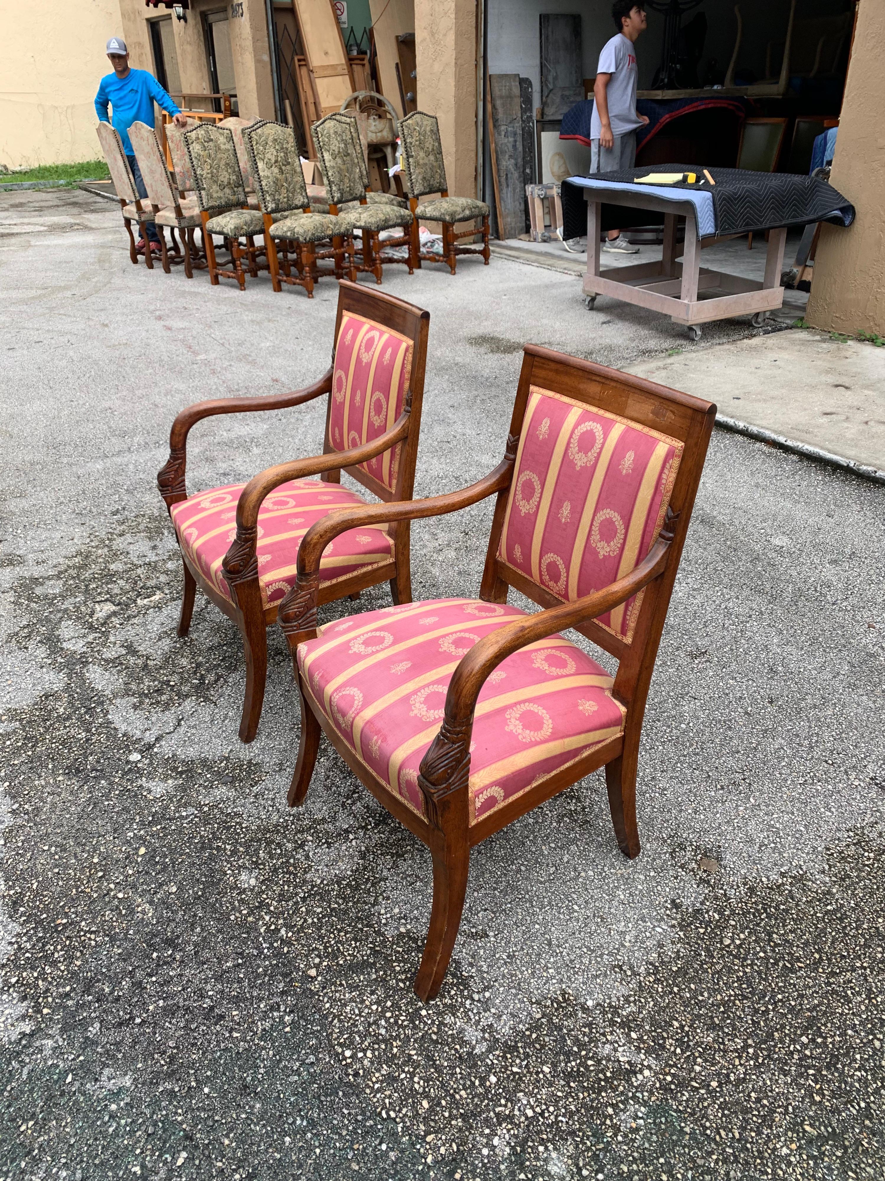 Silk Fine Pair of French Empire Style Solid Mahogany Accent Chairs, 1900s