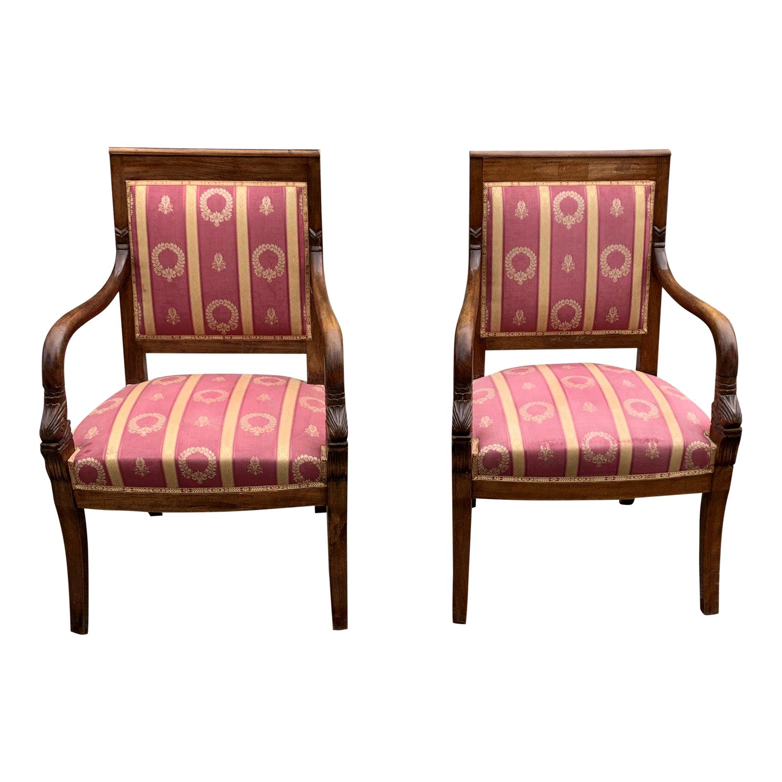 Fine Pair of French Empire Style Solid Mahogany Accent Chairs, 1900s