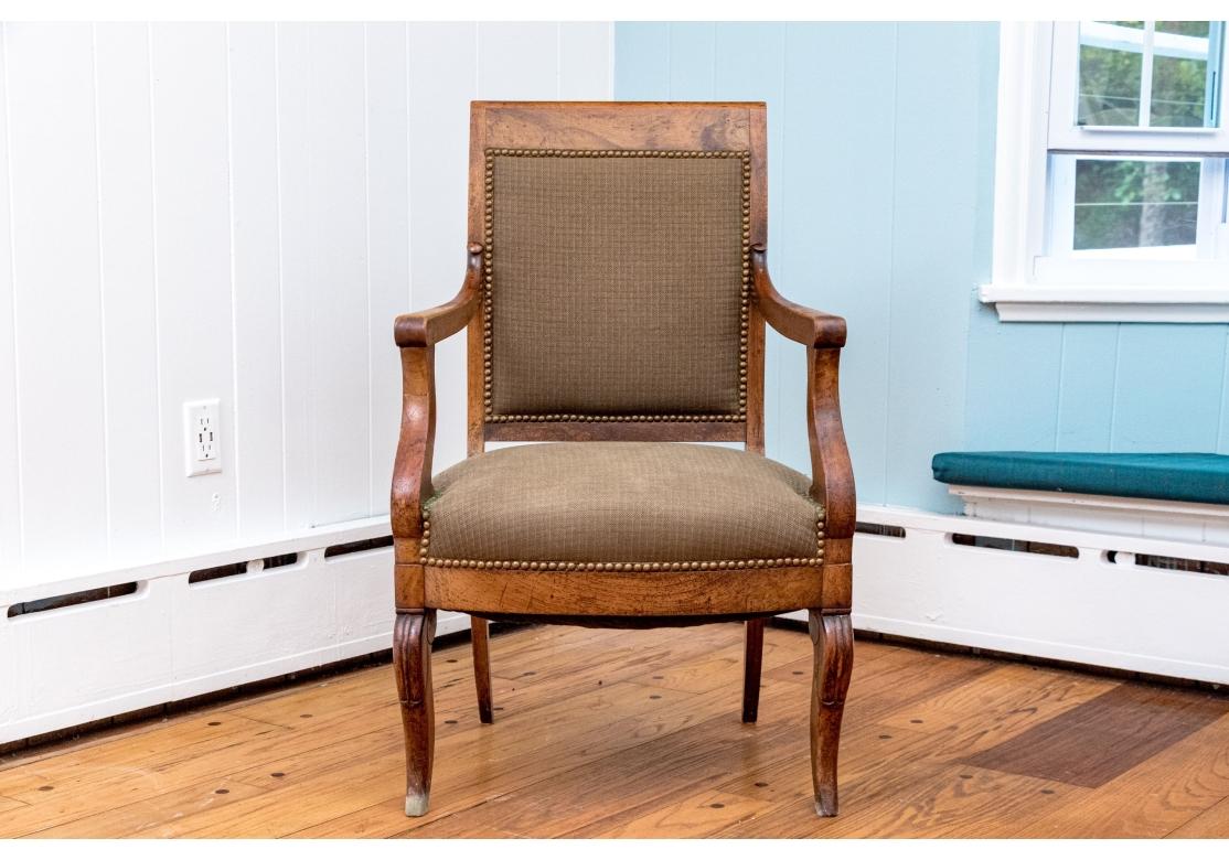 Fine Pair Of French Empire Style Upholstered Armchairs In Distressed Condition For Sale In Bridgeport, CT
