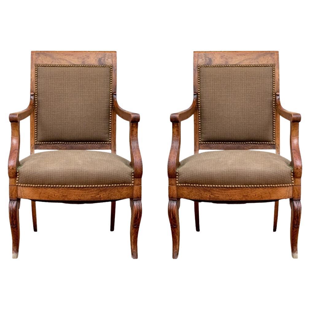 Fine Pair Of French Empire Style Upholstered Armchairs For Sale