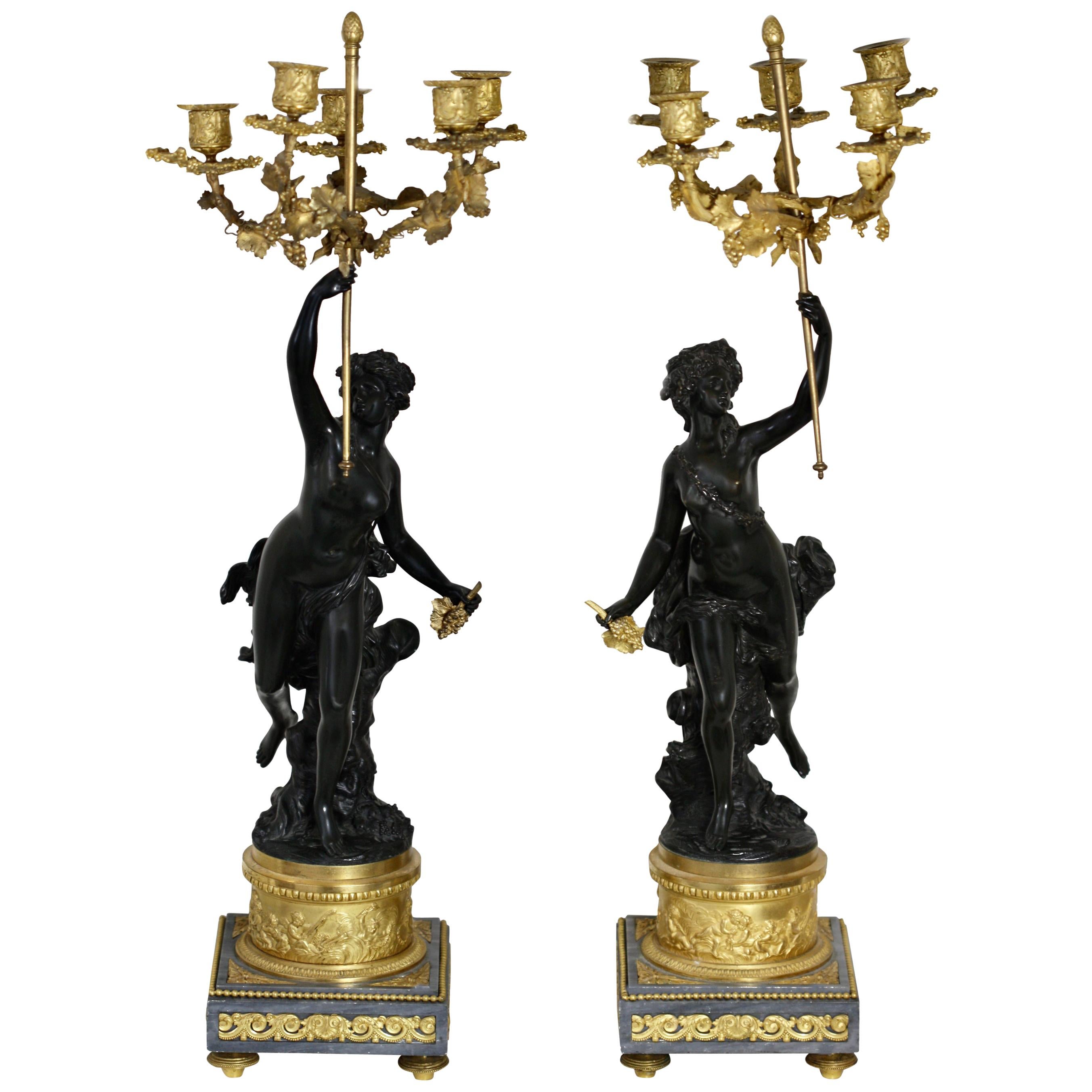 Fine Pair of French Gilt and Patinated-Bronze and Marble Candelabra