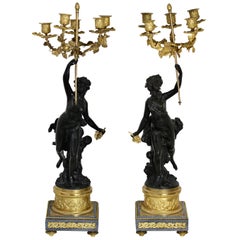 Fine Pair of French Gilt and Patinated-Bronze and Marble Candelabra
