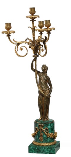Fine Pair of French Gilt Bronze and Malachite Four-Light Candelabra