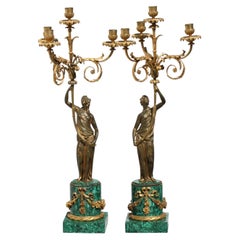 Fine Pair of French Gilt Bronze and Malachite Four-Light Candelabra