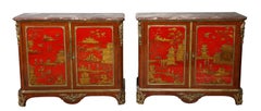 Fine Pair of French Gilt Bronze Mounted Red Lacquer Chinoiserie Cabinets