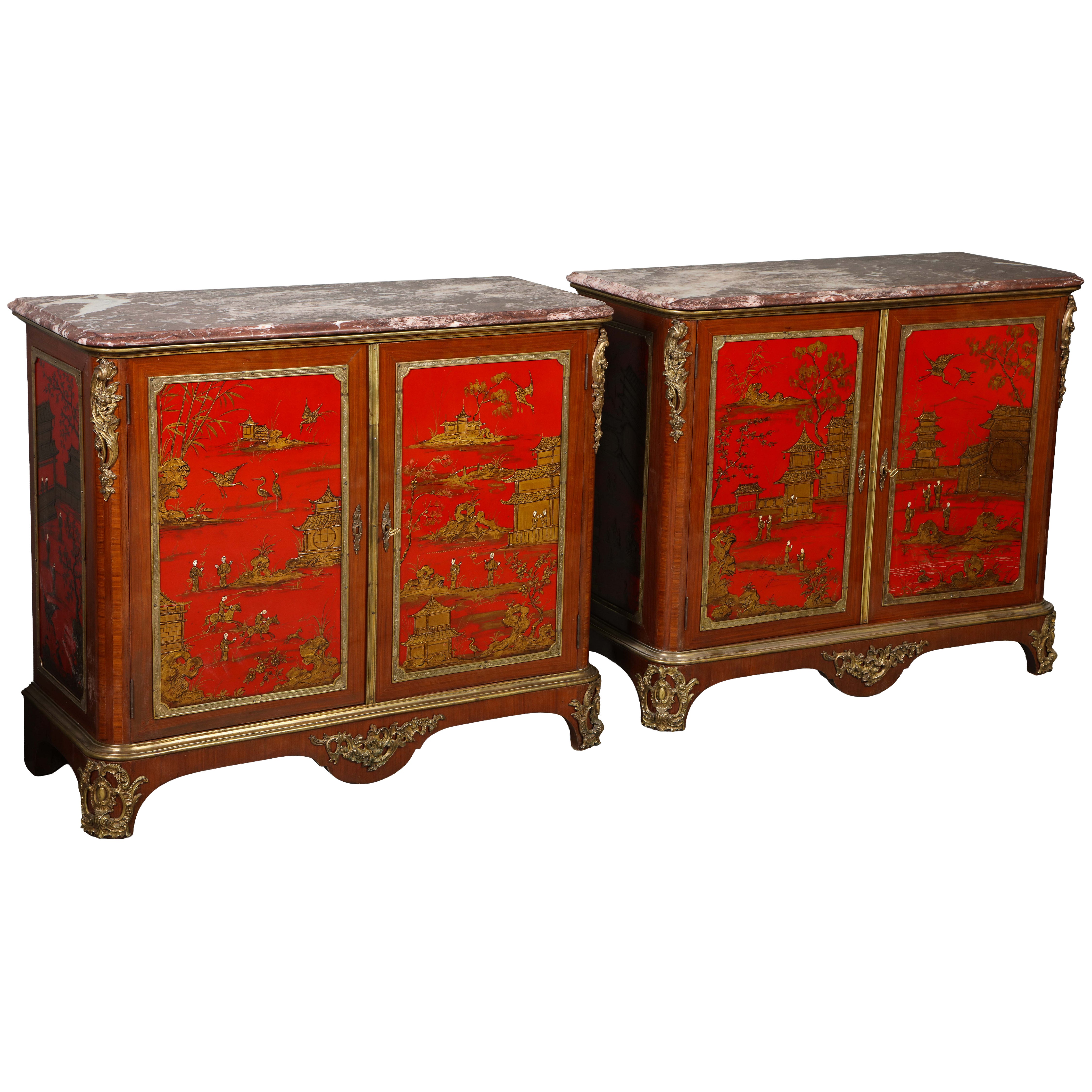 Fine Pair of French Gilt Bronze Mounted Red Lacquer Chinoiserie Cabinets For Sale
