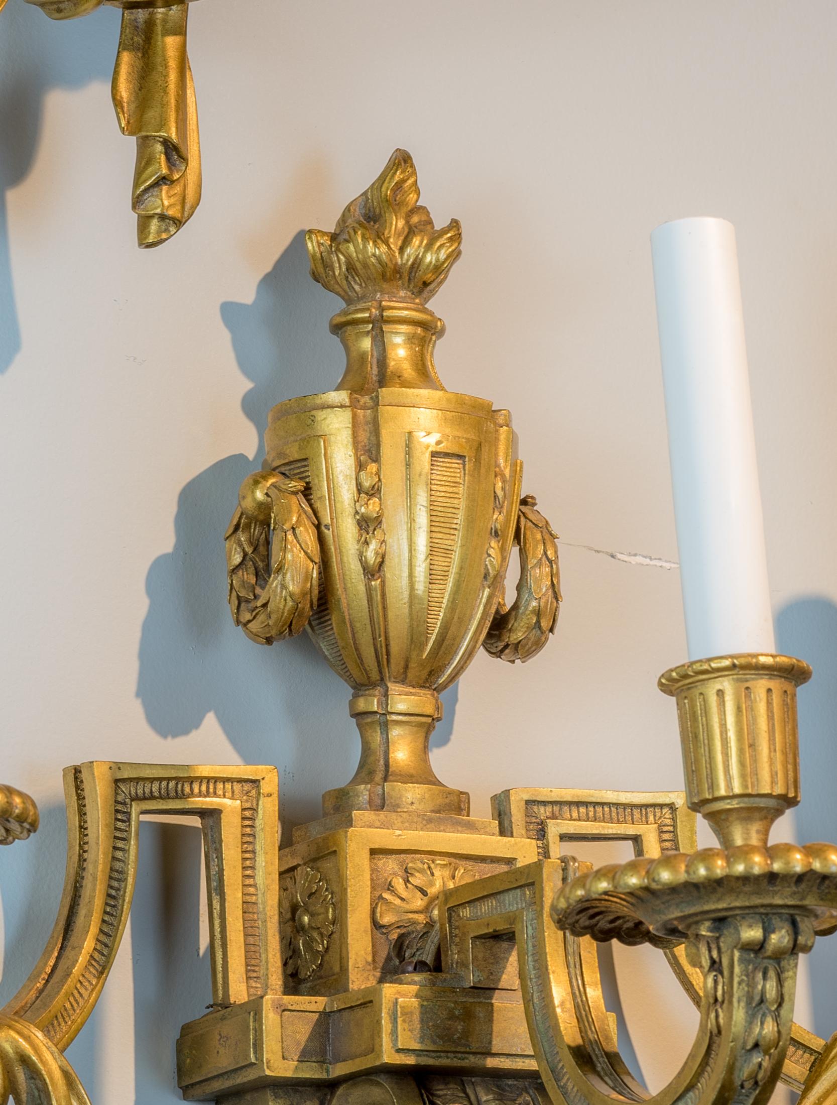 Cast Fine Pair of French Gilt-Bronze Three Light Sconces For Sale