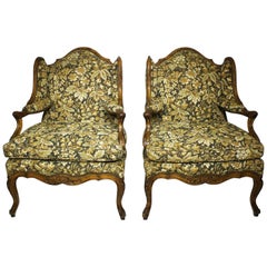 Fine Pair of French Louis XV Style Carved Walnut Wingback Fauteuil Armchairs