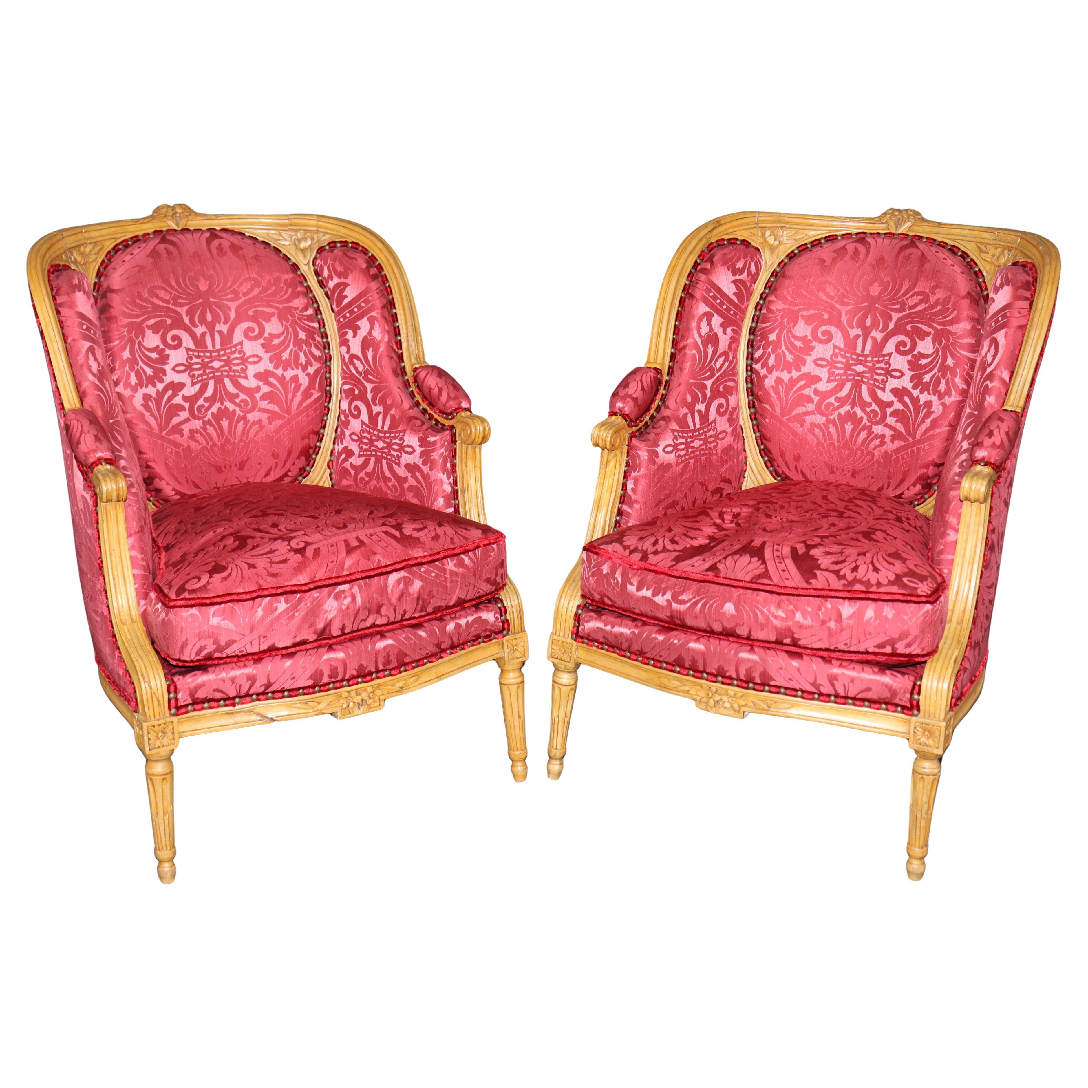 Fine Pair of French Louis XVI Bergere Chairs in Natural Walnut For Sale