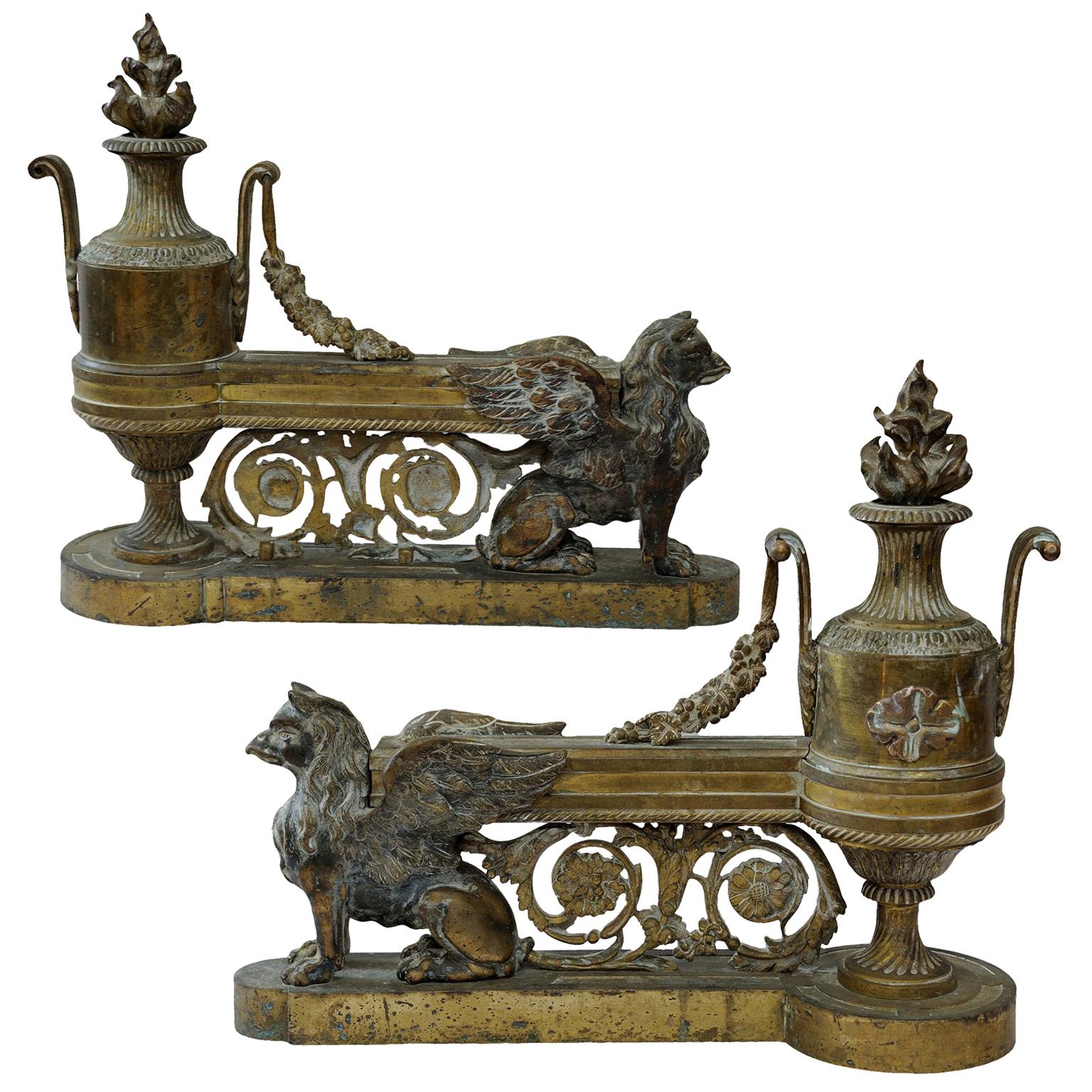 Fine Pair of French Louis XVI Gilt Brass Fire Dogs, circa 1795 For Sale