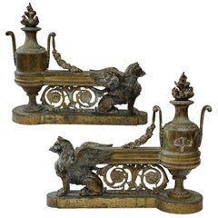 Fine Pair of French Louis XVI Gilt Brass Fire Dogs, circa 1795