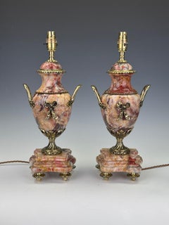 Fine Pair of French Neoclassical Urn Lamps in Veined Marble and Gilt Bronze, 19t