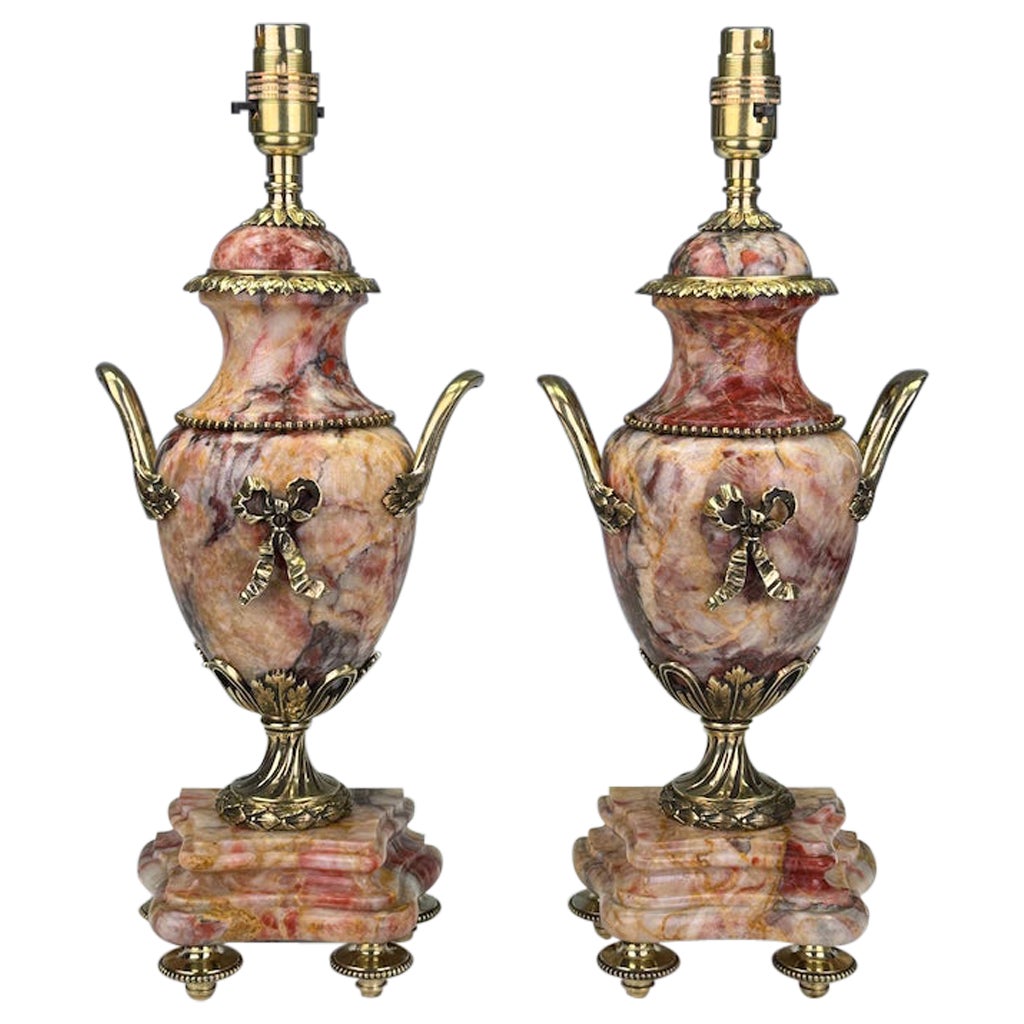 Raffinata coppia di lampade a urna neoclassiche francesi in marmo venato e bronzo dorato, 19°.