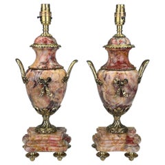 Raffinata coppia di lampade a urna neoclassiche francesi in marmo venato e bronzo dorato, 19°.