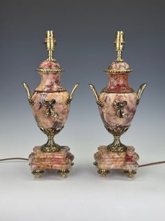 Paire de lampes-urnes néoclassiques françaises en marbre veiné et bronze doré, 19t