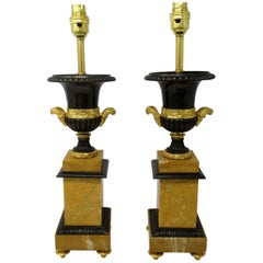 Fine Pair of French Ormolu and Bronze Sienna Marble Electric Table Lamps