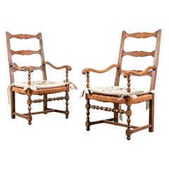 Vintage Fine Pair of French Provincial Style Armchairs with Rush Seats