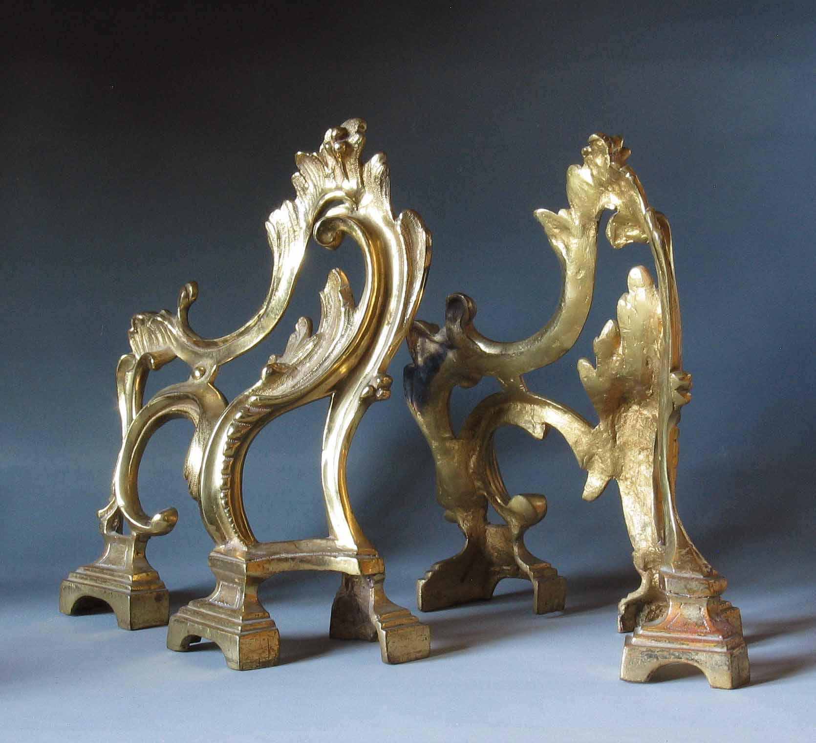 Gilt Fine Pair of French Rococo Style Ormolu Chenets, circa 1900 For Sale