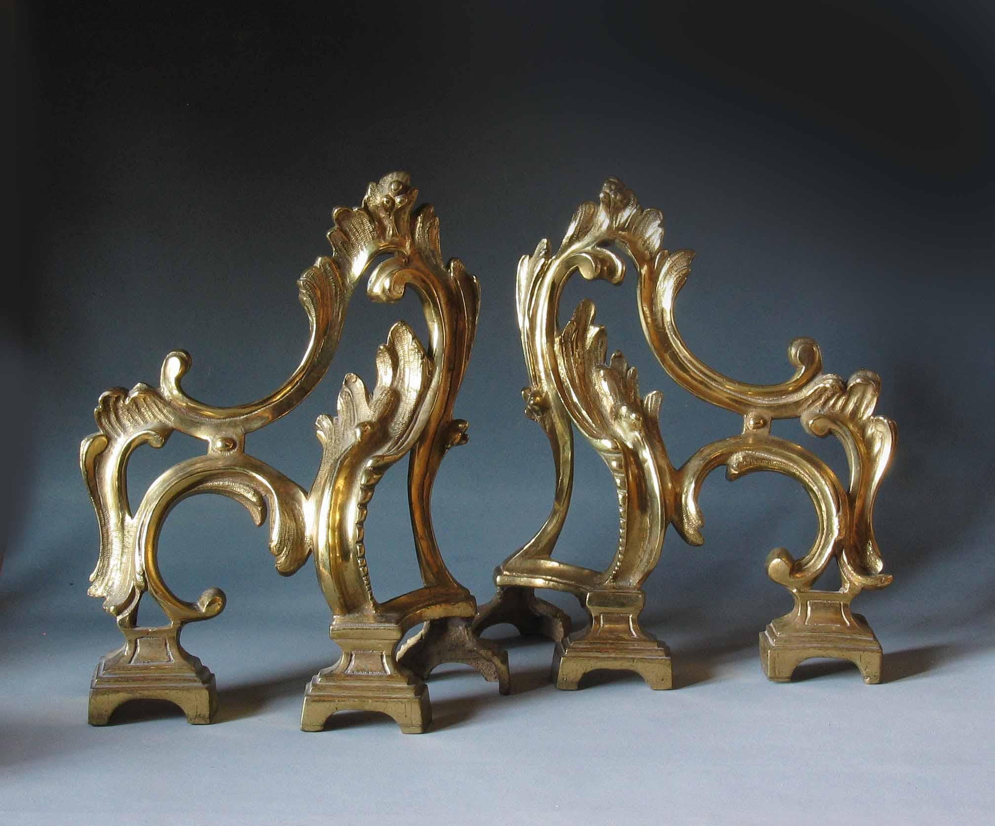 Fine Pair of French Rococo Style Ormolu Chenets, circa 1900 For Sale 3