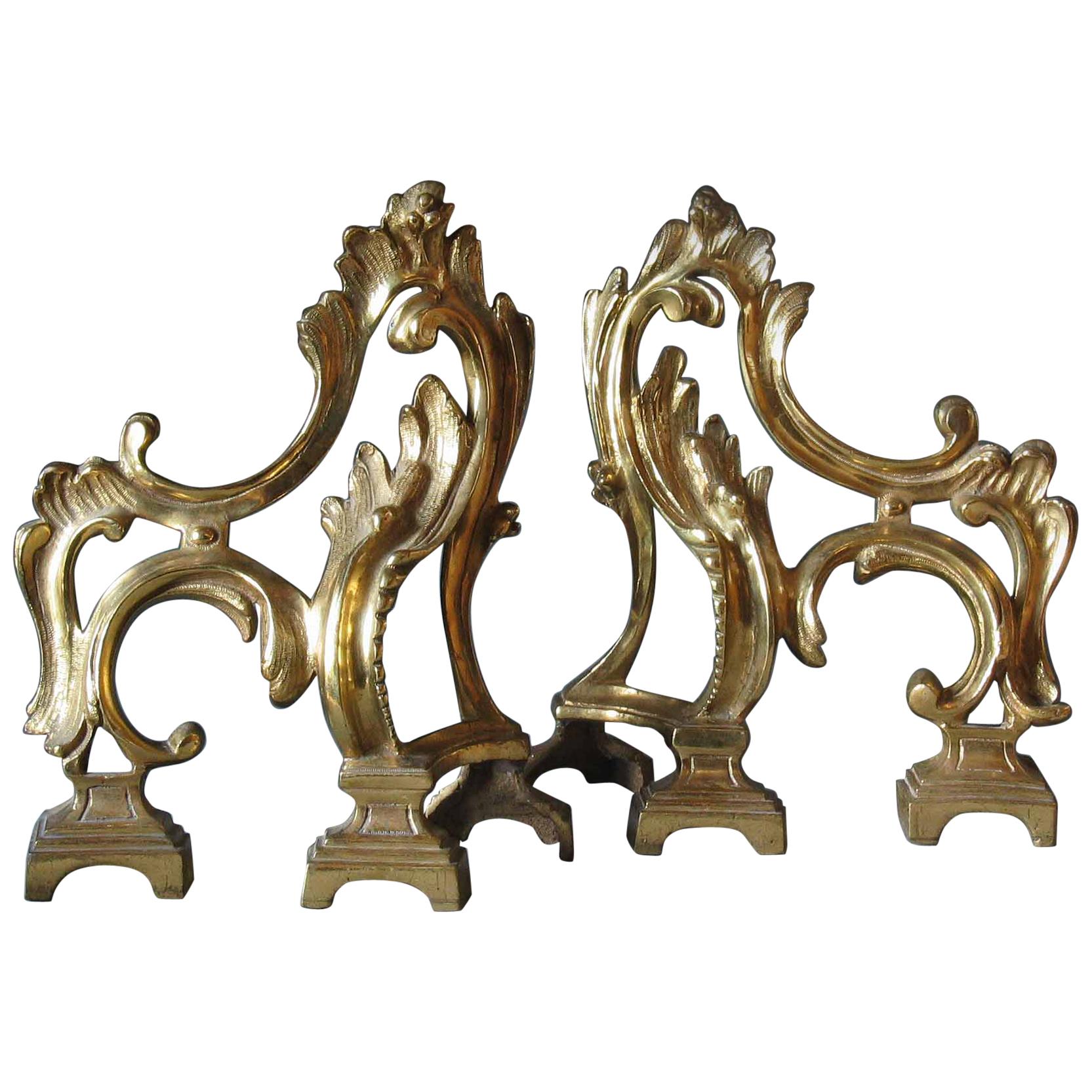 Fine Pair of French Rococo Style Ormolu Chenets, circa 1900 For Sale