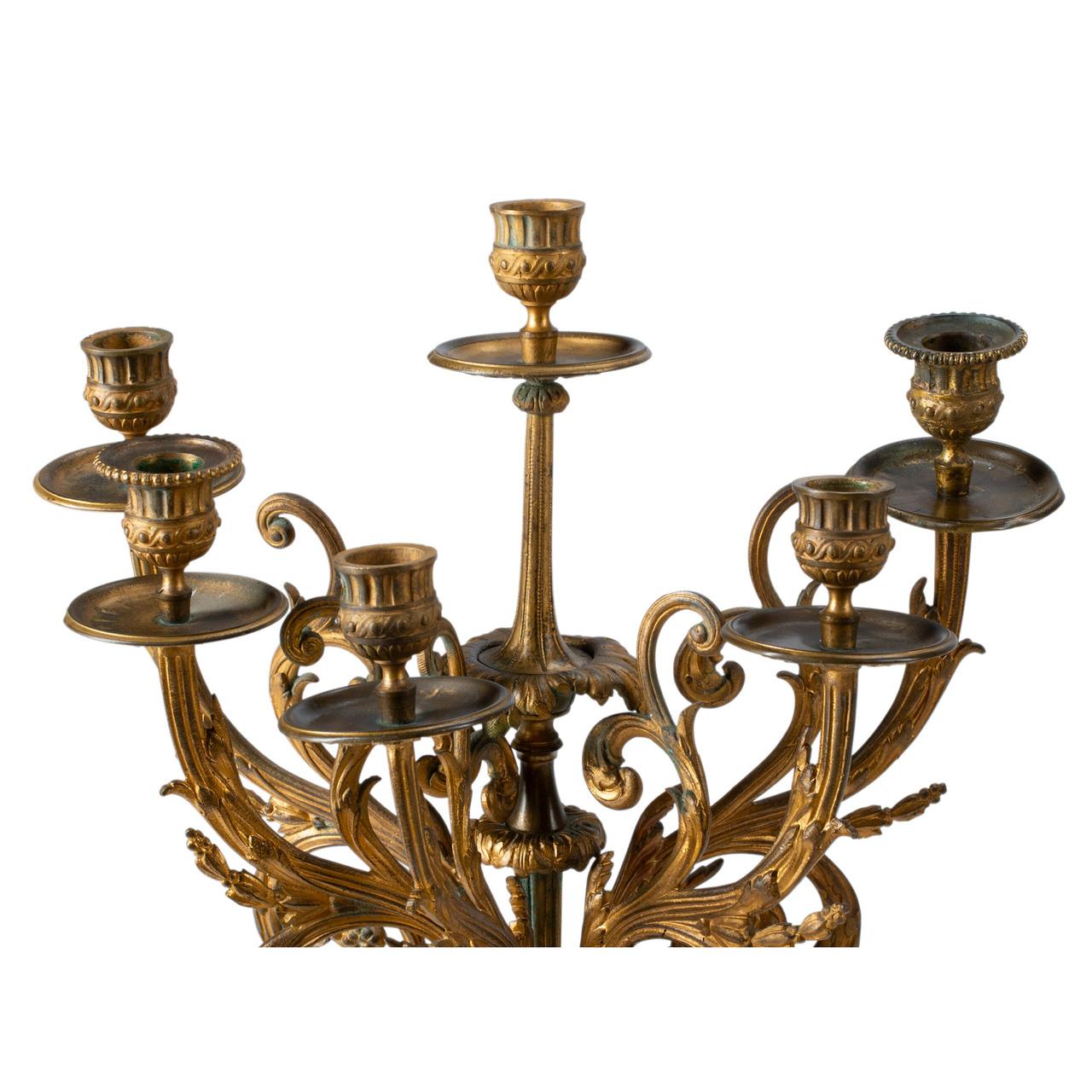 Fine Pair of French White Marble and Gilt Bronze Figural Six-Light Candelabras For Sale 1