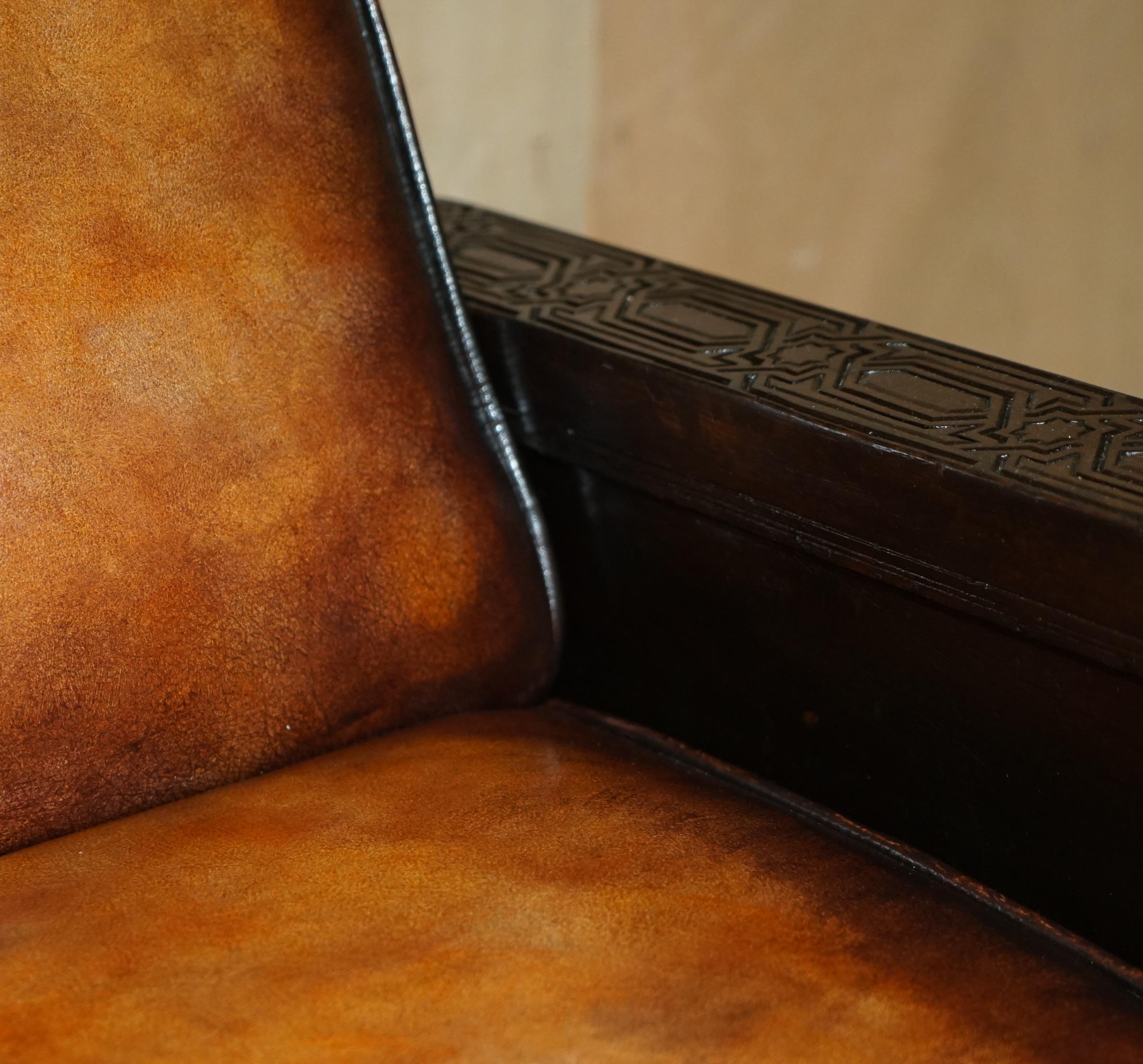 Fine Pair of Fully Restored Antique Art Deco Armchairs Hand Carved Carved Panels For Sale 5