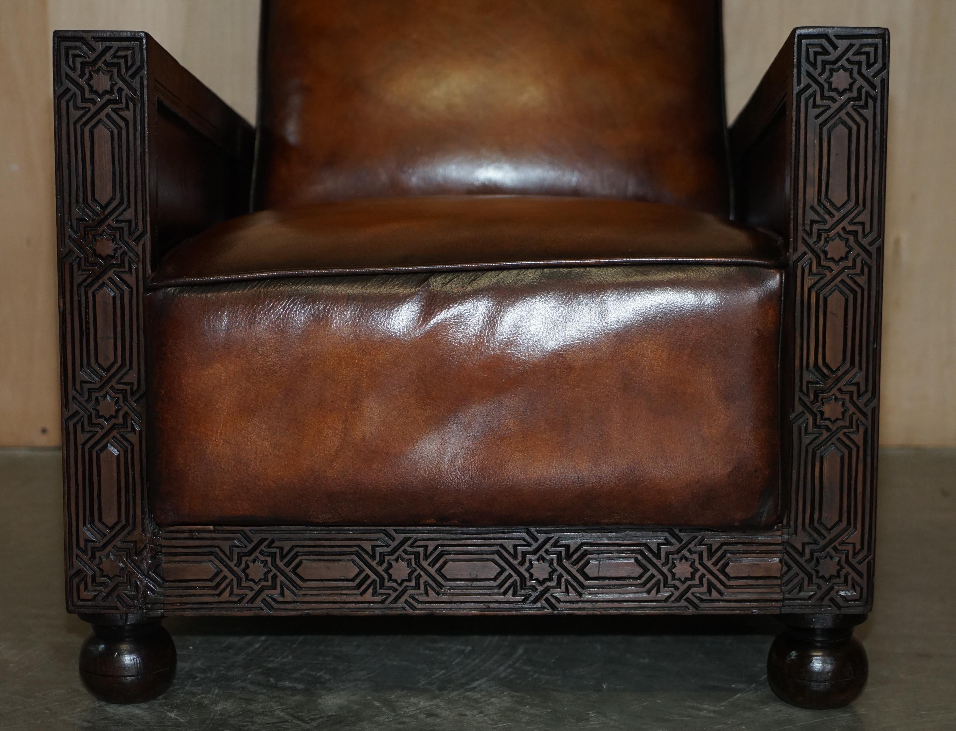 Leather Fine Pair of Fully Restored Antique Art Deco Armchairs Hand Carved Carved Panels For Sale
