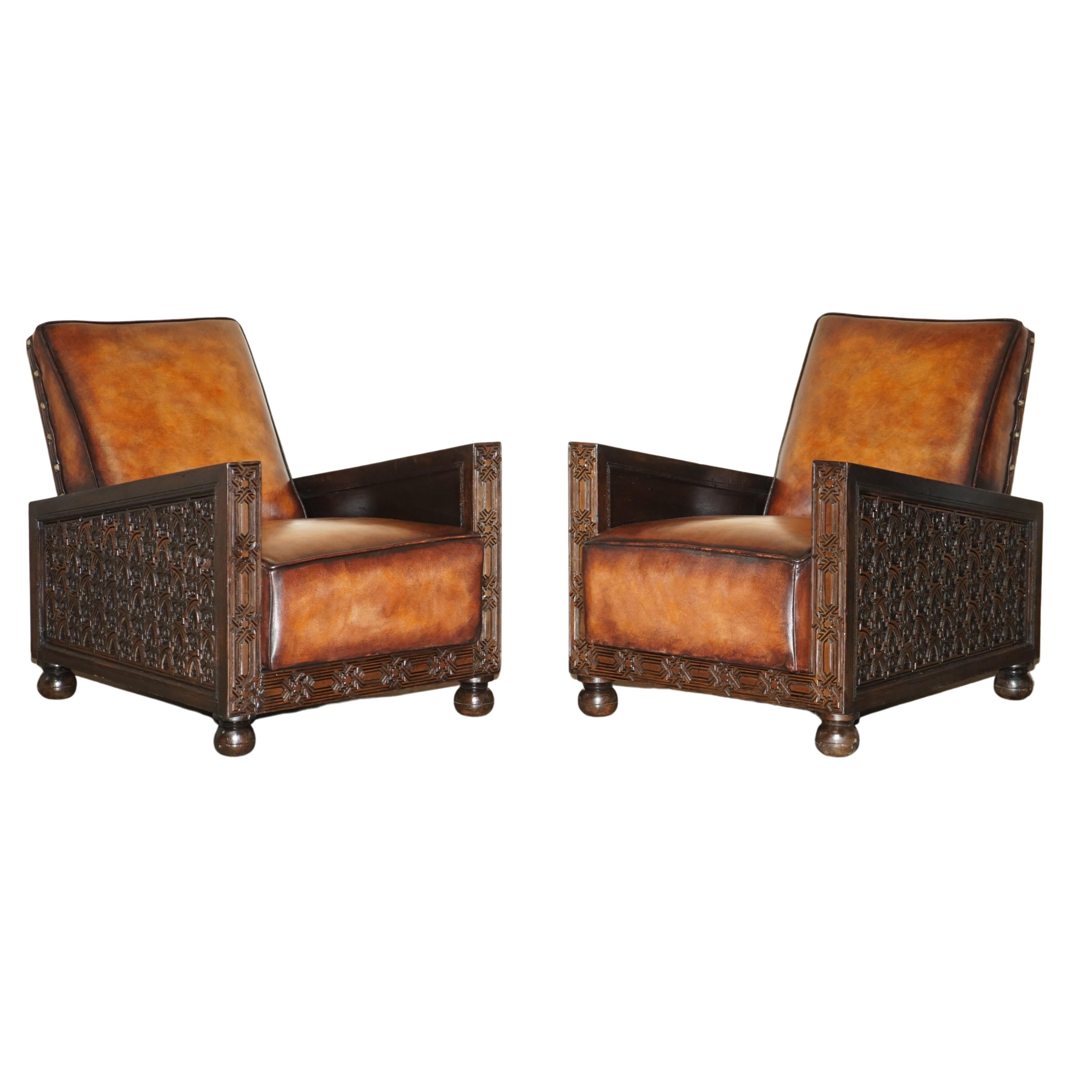 Fine Pair of Fully Restored Antique Art Deco Armchairs Hand Carved Carved Panels For Sale
